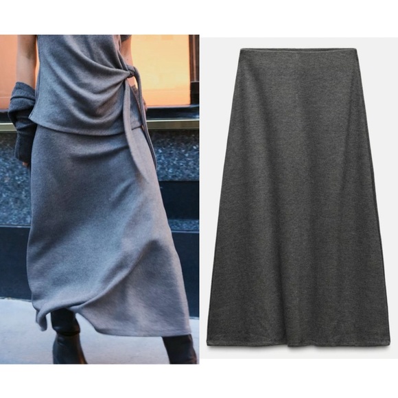 Zara NWT Gray soft knit midi skirt, stretchy elastic waistband - Picture 1 of 6
